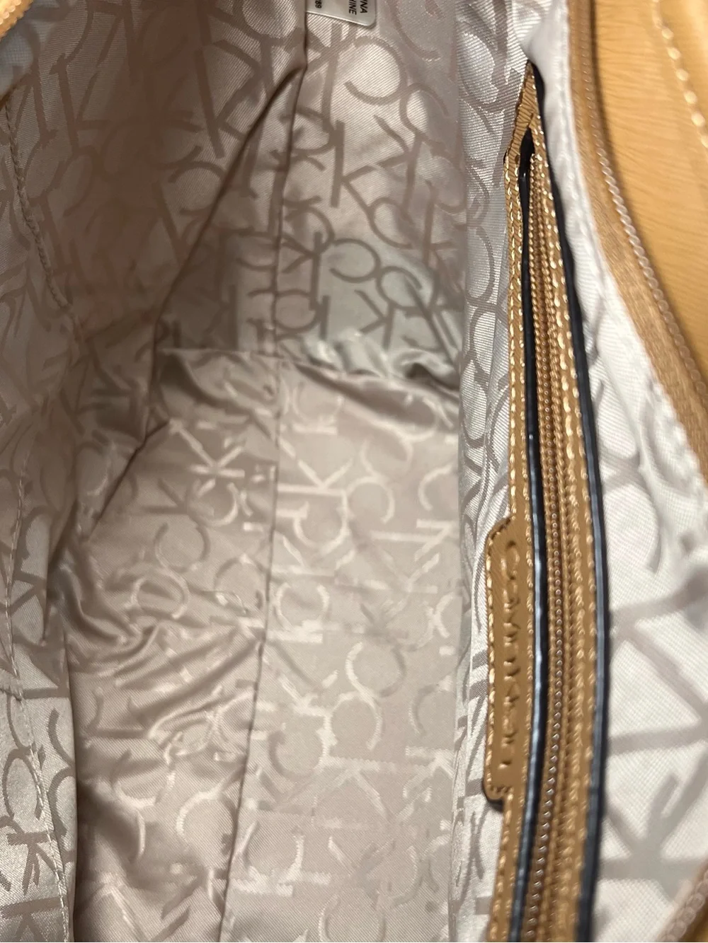 Calvin Klein Cream Monogram Tote with Tan Trim